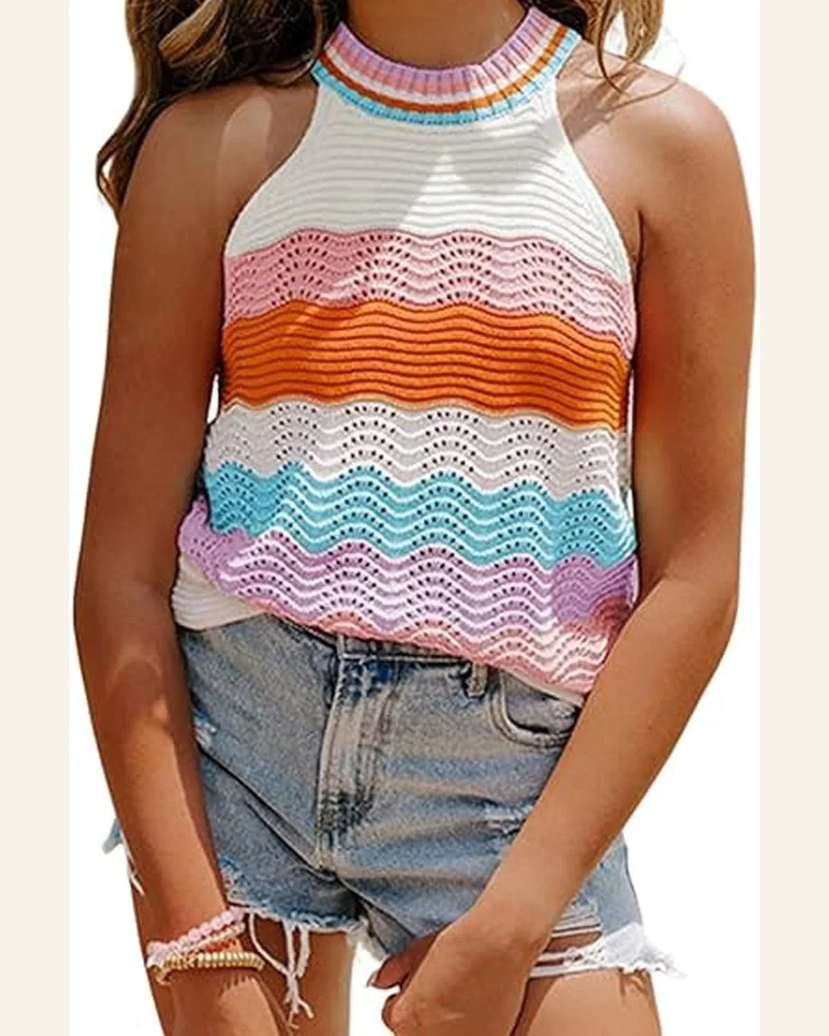 Casual Multicolour Wavy Striped Print Textured Knit Sweater by SELINK