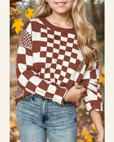 Girls Long Sleeve Sweaters Checkered Print Drop Shoulder, view 2