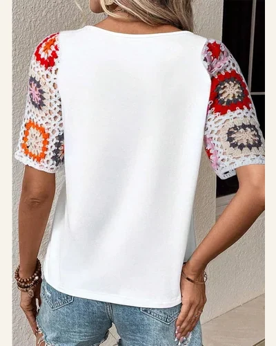 Summer Tops Casual Crewneck Floral Crochet Short Sleeve, view 2