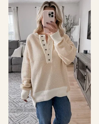 Casual Oatmeal Contrast Ribbed Pullover Sweater Henley Button, view 4