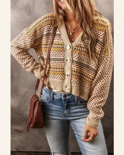 Cardigan Sweater Casual Khaki Buttoned V Neck Cropped, view 3