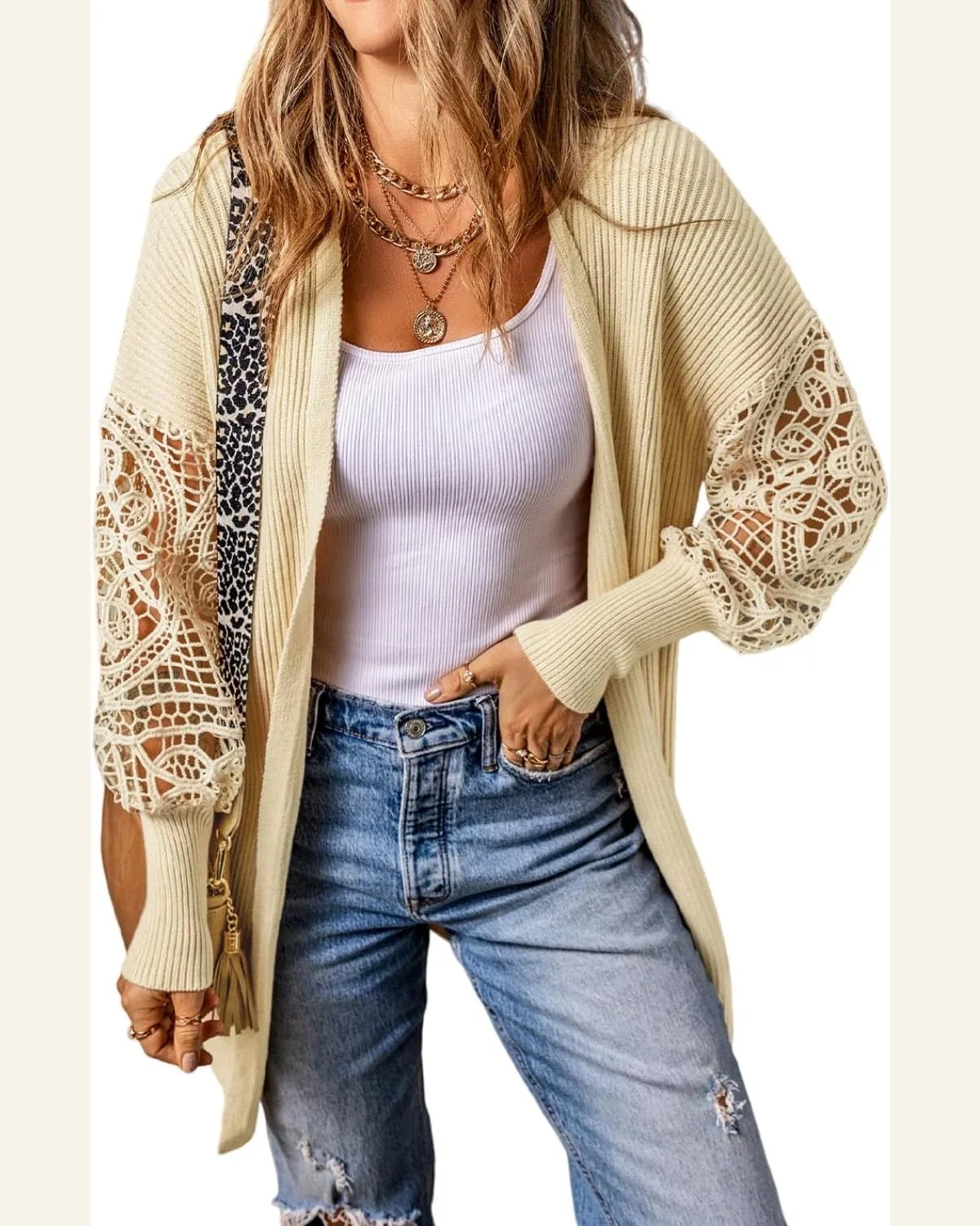 Cardigan Sweater Casual Apricot Crochet Lace Sleeve Ribbed by SELINK