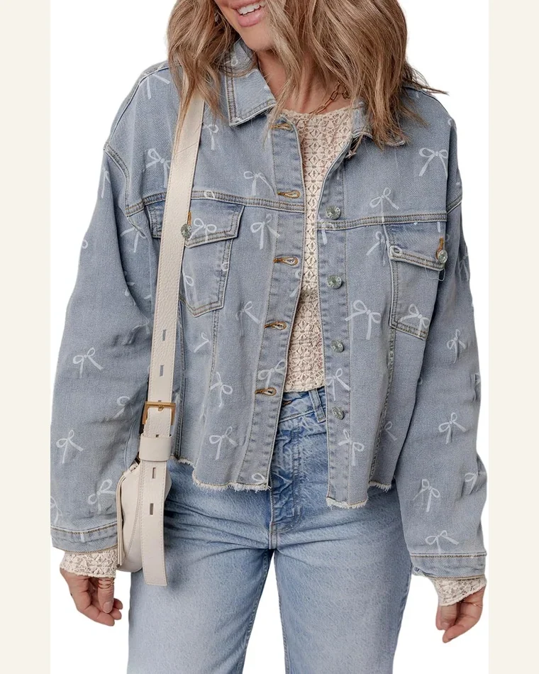 Casual Bow Knot Denim Jean Jacket Sky Blue by SELINK