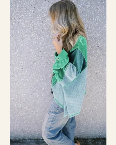 Tunic Tops Casual Green Colorblock Stitching Patchwork Buttoned, view 4