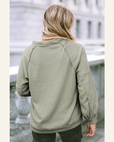 Cardigan Sweater Basic Green Exposed Seam Buttons Front, view 2