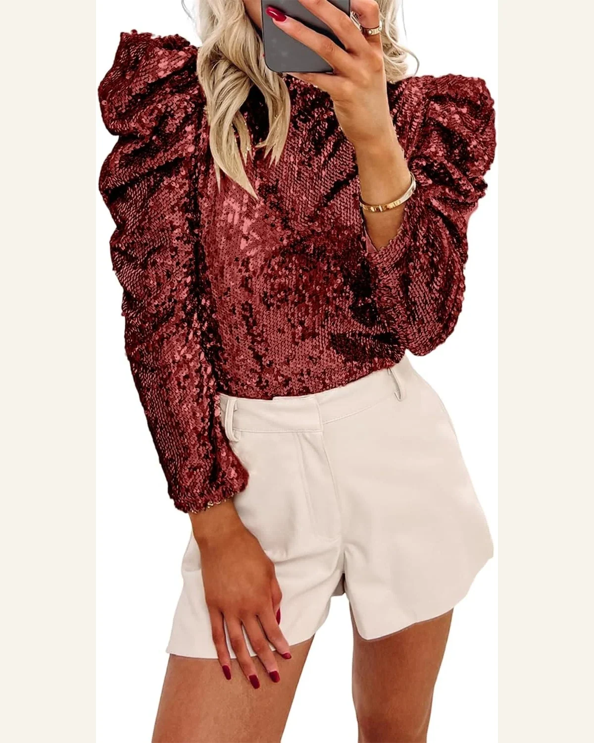 Tunic Tops Casual Burgundy Sequin Mock Neck Bubble by SELINK