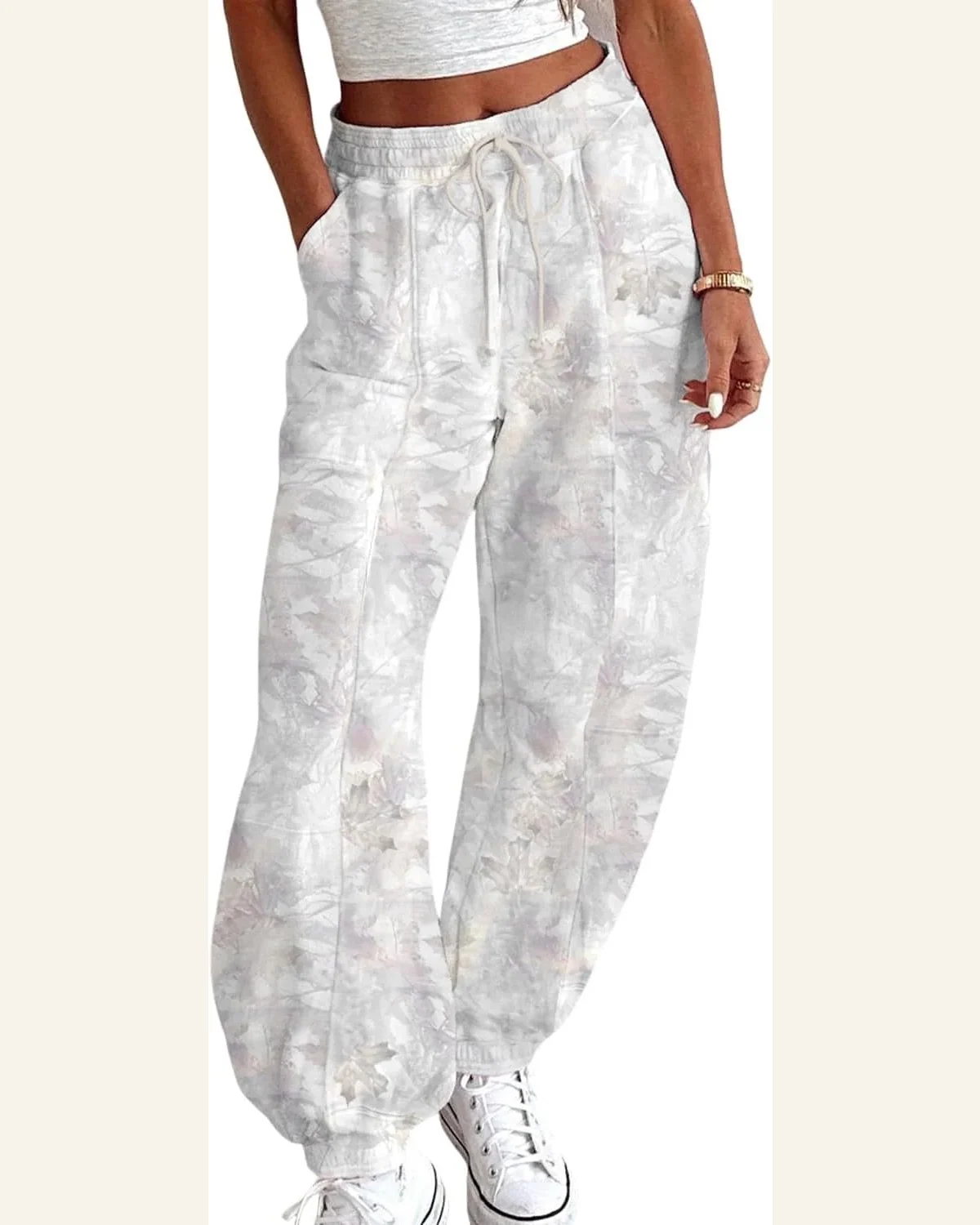Casual Beige Camo Print Pants Baggy Drawstring Jogger by SELINK