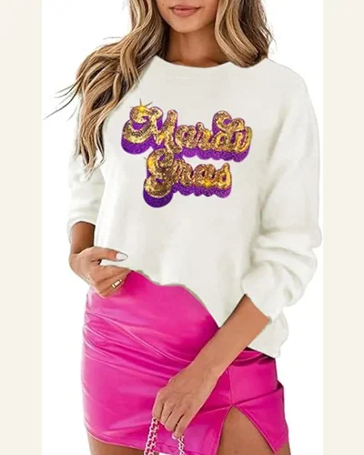 Mardi Gras Sweater Casual Long Sleeve Round Neck, view 4