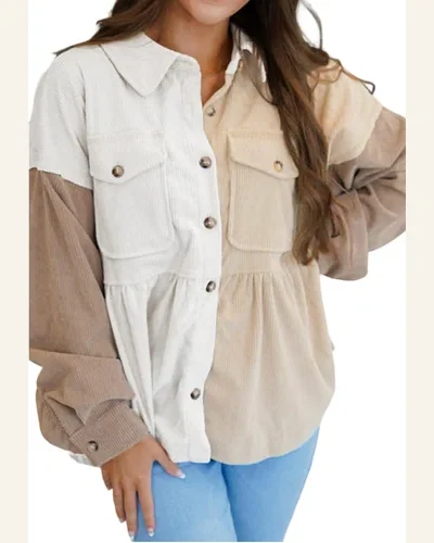 Shacket Jacket Casual Khaki Corduroy Colorblock Button, view 1