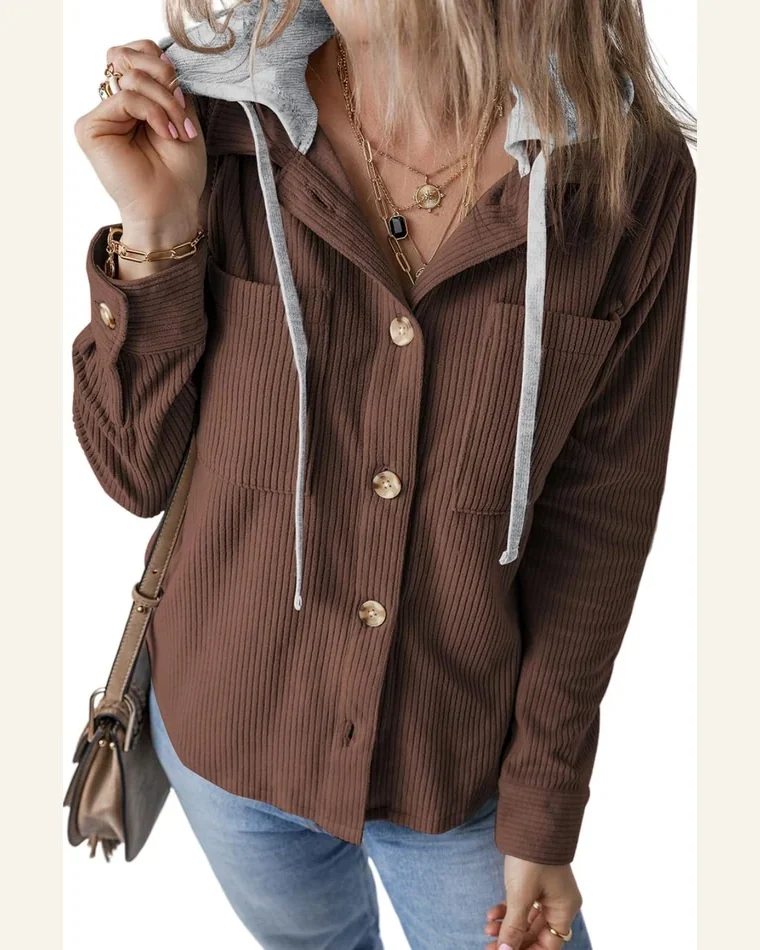 Shacket Jacket Casual Hooded Drawstring Pockets Corduroy Shacket by SELINK