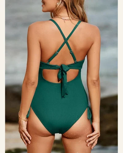 One Piece Bathing Suit Tummy Control Ribbed Cutout, view 3