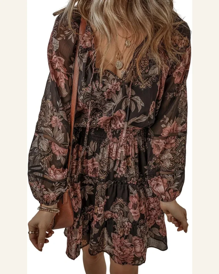 Fall Dresses Boho Black Vintage Floral Puff Sleeve by SELINK