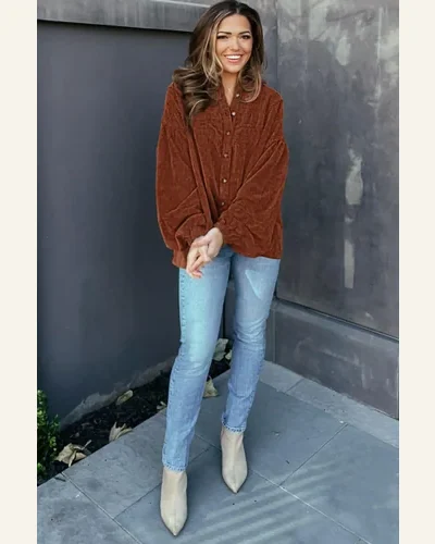 Shacket Jacket Casual Coffee Textured Corduroy Puff Sleeve, view 3