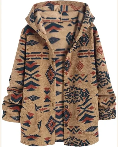 Fuzzy Fleece Jacket Aztec Long Sleeve Button, view 4