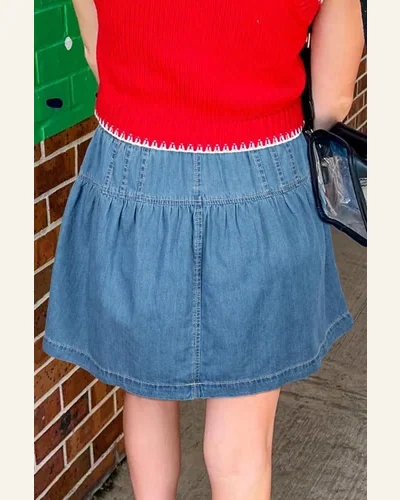 Casual Sky Blue Half Buttons Pleated Denim Mini Jeans, view 2