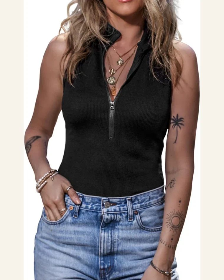 Bodysuit Casual Zip up Mock Neck Ribbed Sleeveless by SELINK