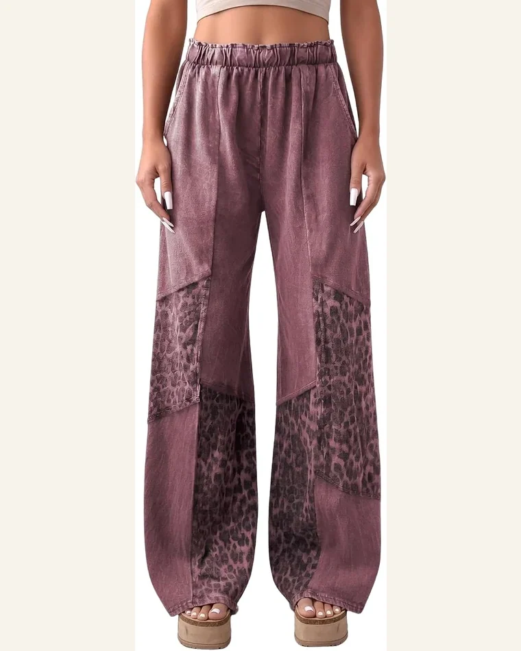 Leopard Patchwork Wide Leg Pants with Pockets by SELINK