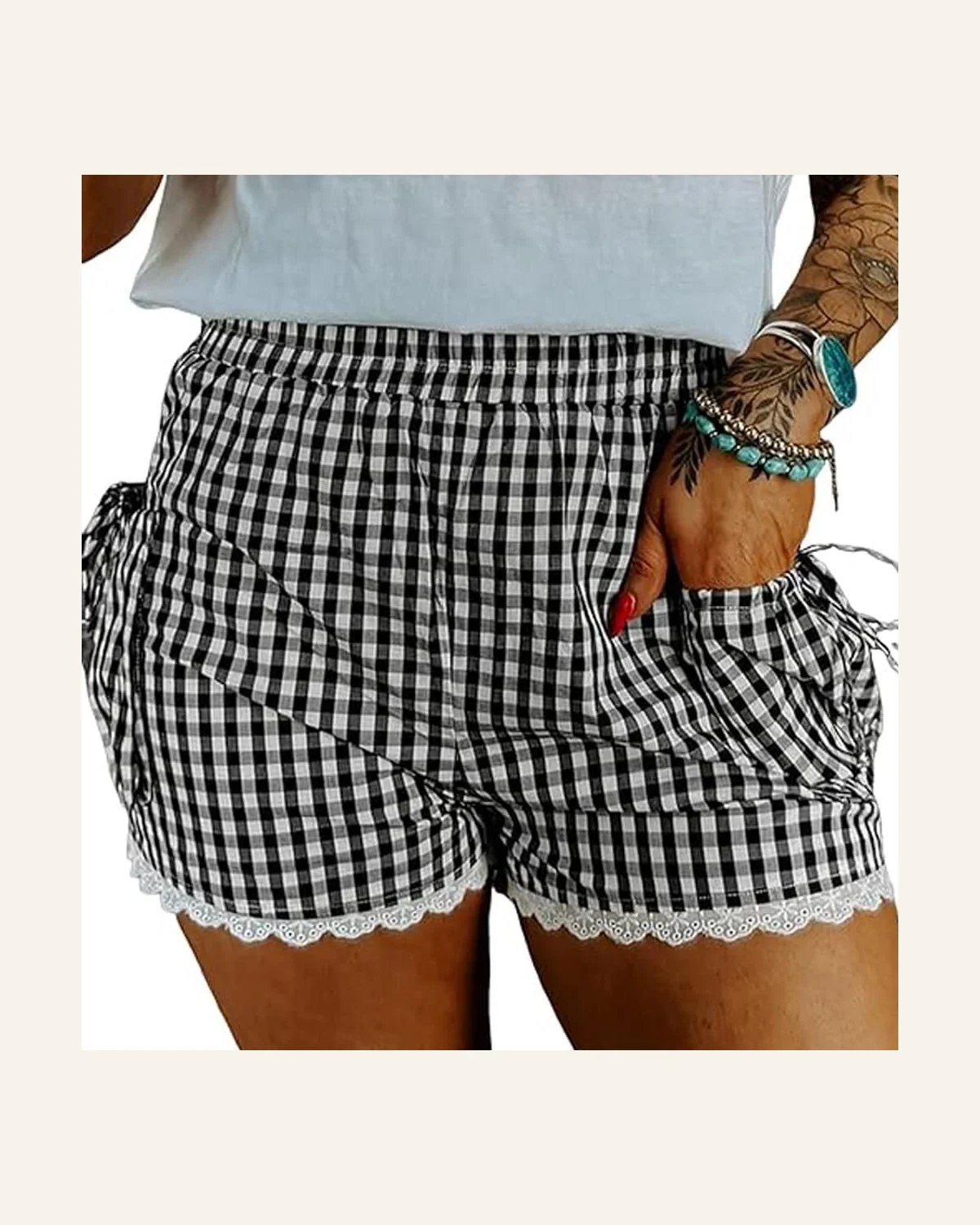 Western Black Gingham Lace Trim Shorts with Pouch by SELINK