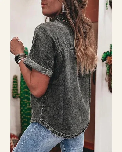 Casual Medium Grey Button Flap Pocket Cuffed Denim Jeans, view 4