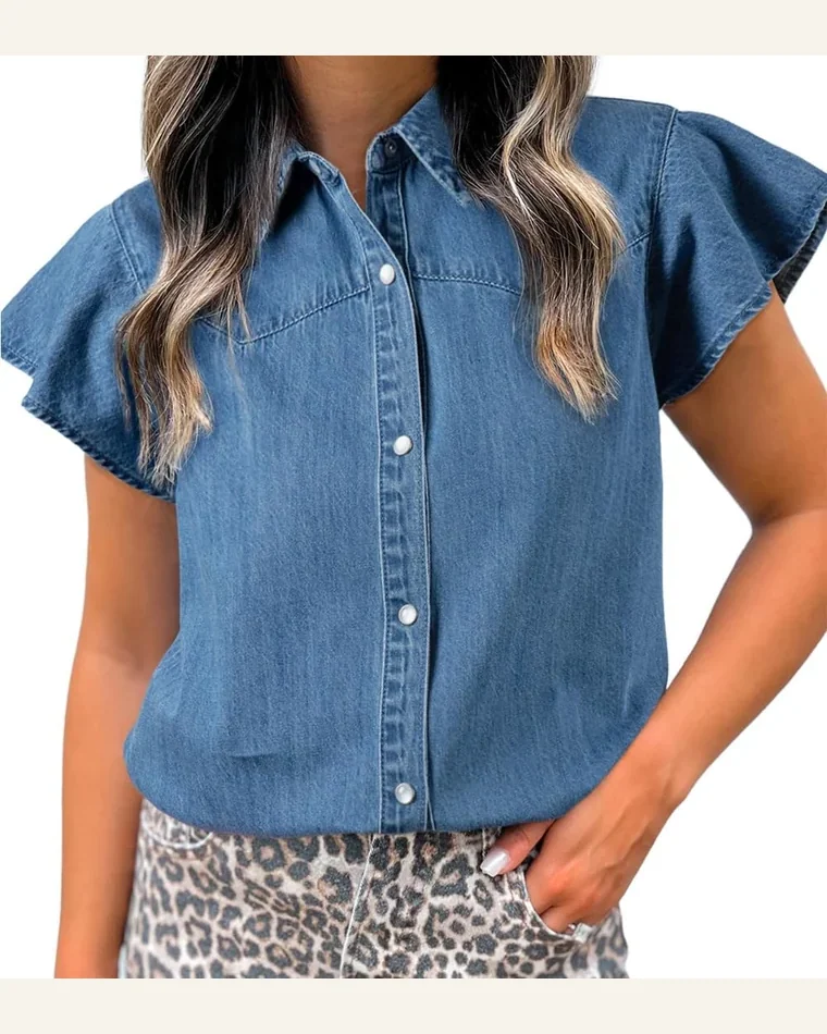 Dusk Blue Ruffled Short Sleeve Button Down Denim by SELINK