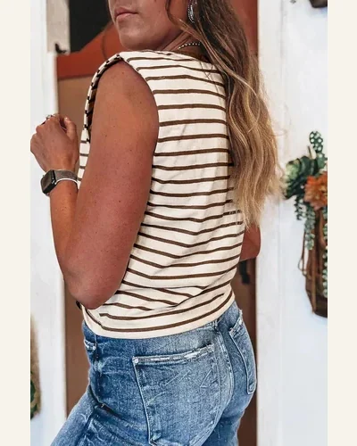 Tank Tops Casual Brown Stripe Ribbed Trim Loose, view 2