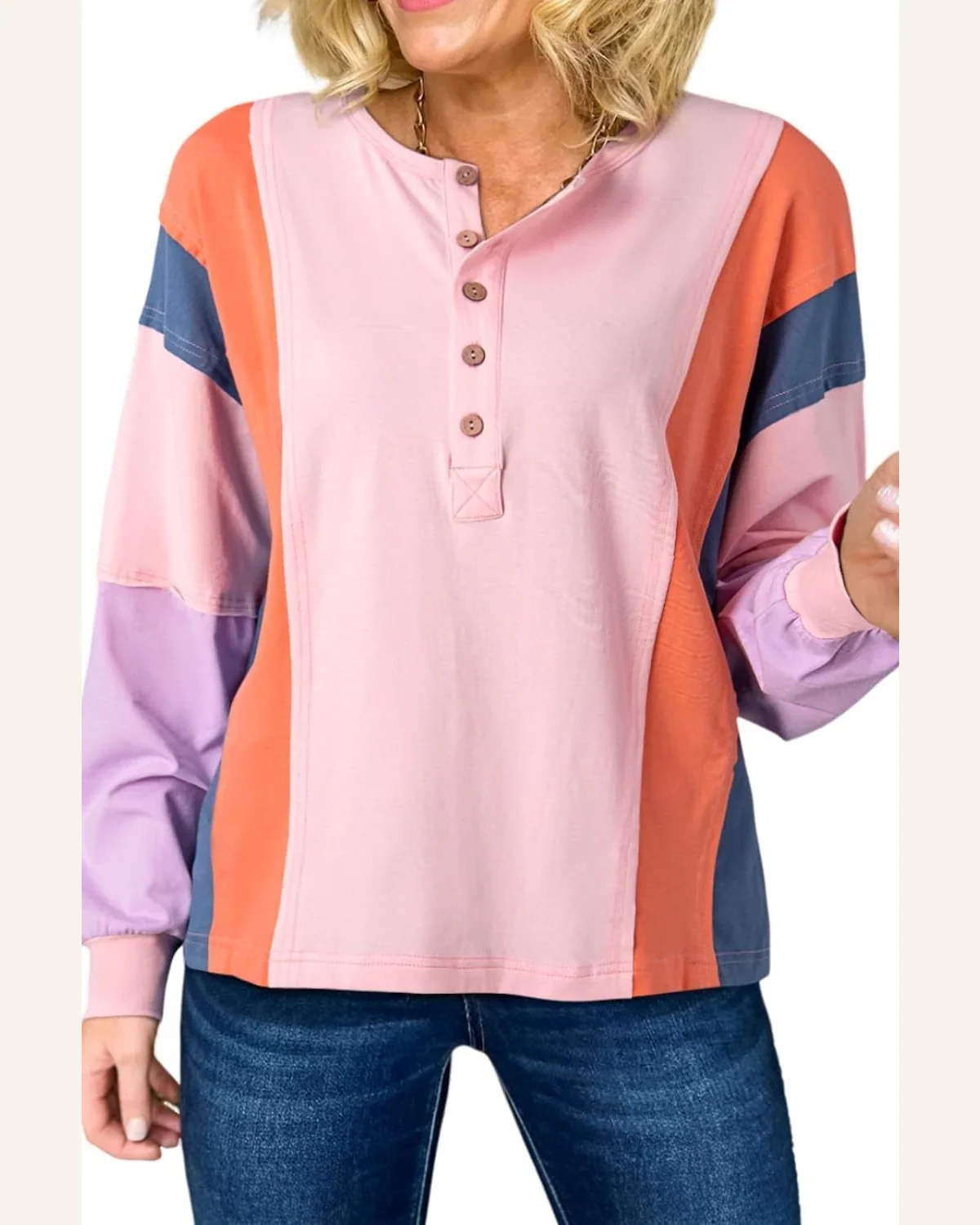 Tunic Tops Casual Pink Colorblock Long Sleeve Buttons by SELINK