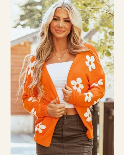 Cardigan Sweater Casual Orange Floral Print Knitted Open, view 4