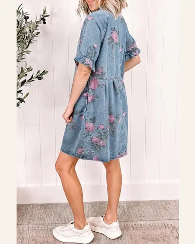 Casual Loose Floral Print Denim Dress Ruffle Short, view 4
