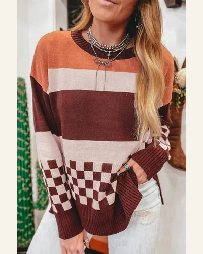 Brown Checkered Pullover Sweater Tops Color Block Knitted, view 3