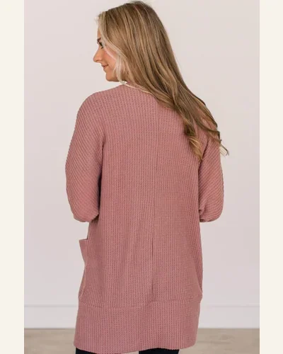 Cardigan Sweater Casual Mineral Red Solid Color Waffle, view 2
