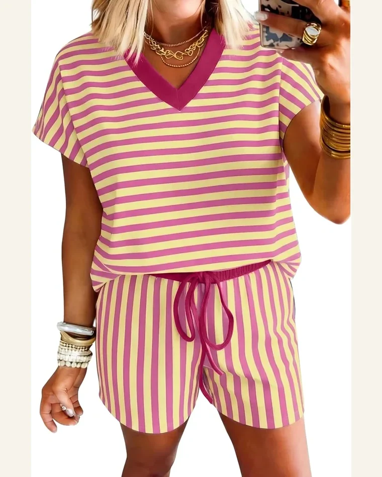 Striped 2 Piece Set Cap Sleeve V Neck by SELINK