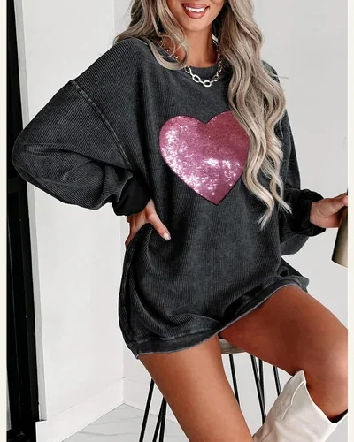 Casual Sweatshirts Sequin Graphic Print Crew Neck Corded, view 2