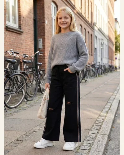 Girls Wide Leg Jeans Elastic Waistband Distressed Pants, view 3