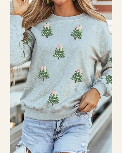 Crewneck Pullover Sweatshirt Tree Claus Candy Long Sleeve, view 2