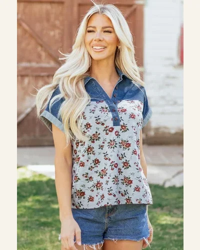Retro Floral Print Denim Patchwork Polo T-Shirt, view 4