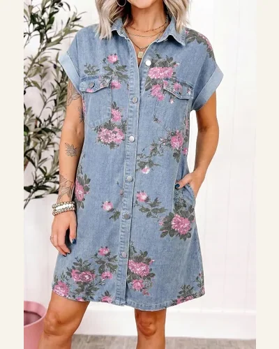 Floral Cuffed Short Sleeve Button Down Denim Dress, view 2