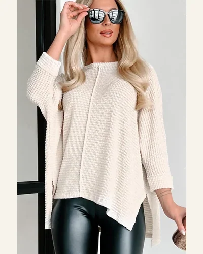 Tunic Tops Casual Apricot Waffle Knit Splits Batwing, view 3