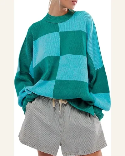 Casual Green Checkered Side Slits Drop Shoulder Oversized Sweater, view 1
