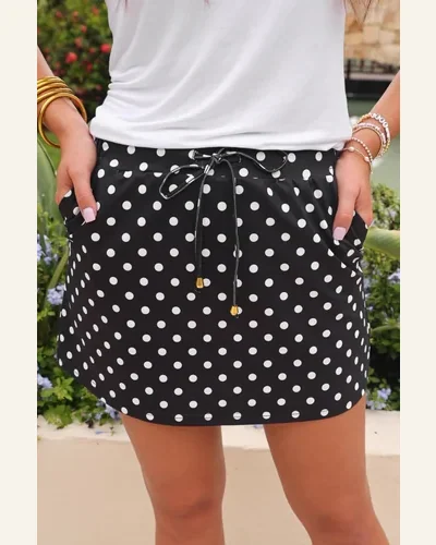Drawstring High Waist Polka Dot Mini Skort, view 2
