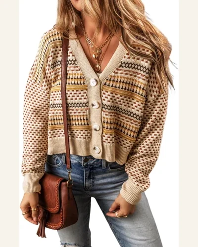 Cardigan Sweater Casual Khaki Buttoned V Neck Cropped, view 1
