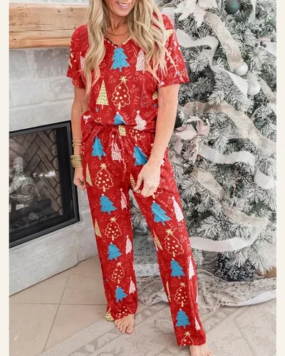 Pajamas Christmas Tree Print V Neck Tee, view 2