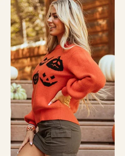 Casual Orange Halloween Pumpkin Face Pattern Pullover Sweater, view 3