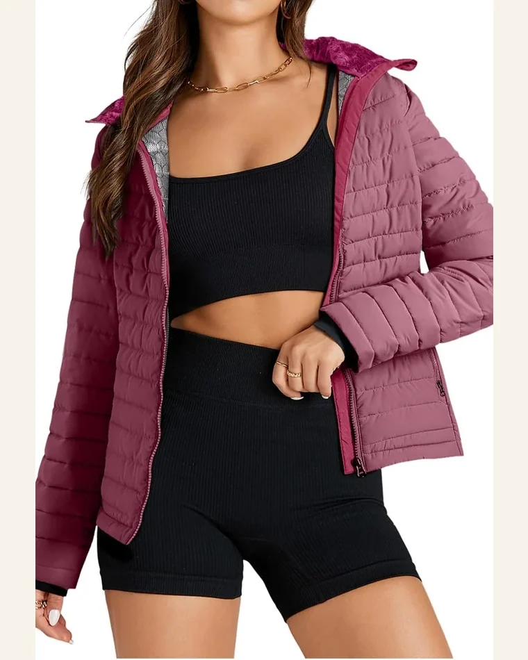 Shacket Jacket Casual Burgundy Solid Color Quilted Zip-up by SELINK