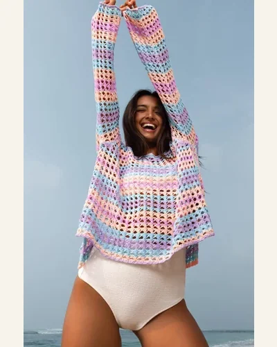 Cover Up Casual Purple Multi Stripe Open Knit Swimsuit, view 4