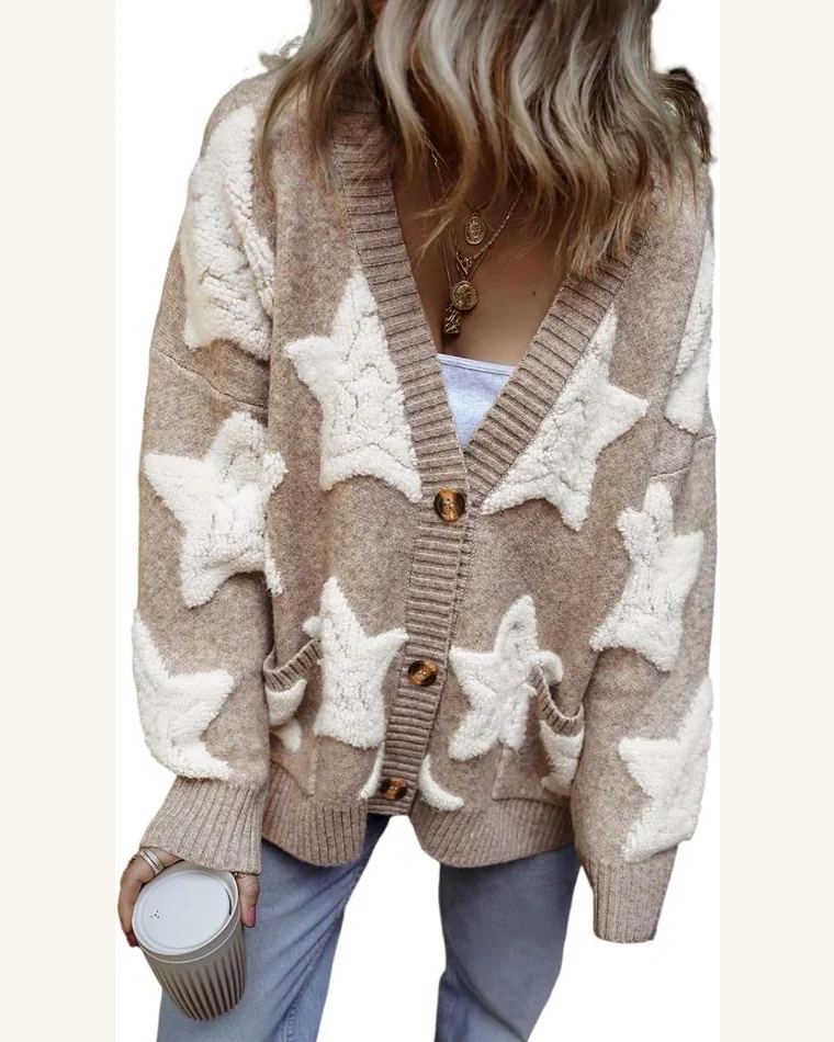 Cardigan Sweater Casual Khaki Sherpa Star Pattern Textured by SELINK