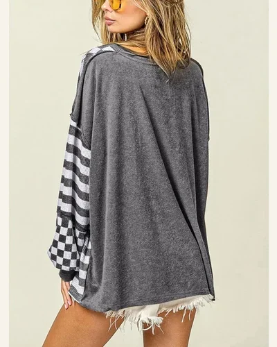Long Sleeve Shirts Checkerboard Striped Patchwork Lantern Sleeve, view 2