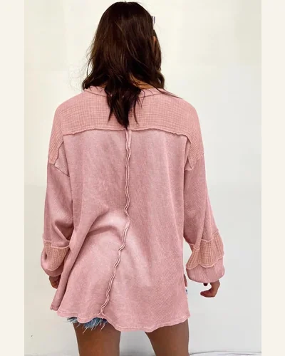 Tunic Tops Casual Pink Exposed Seam Patchwork Bubble, view 2