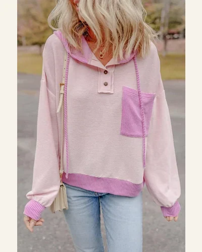 Tunic Tops Casual Light Pink Corded Colorblock Patch, view 3