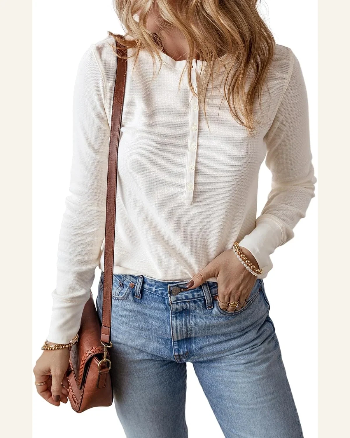 Tunic Tops Casual White Solid Color Waffle Half by SELINK