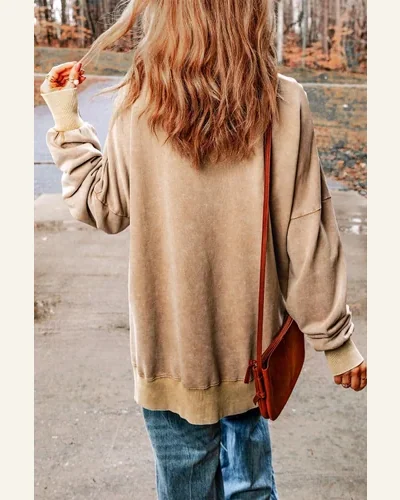 Casual Khaki Drop Shoulder Ribbed Trim Oversized Sweatshirts, view 2